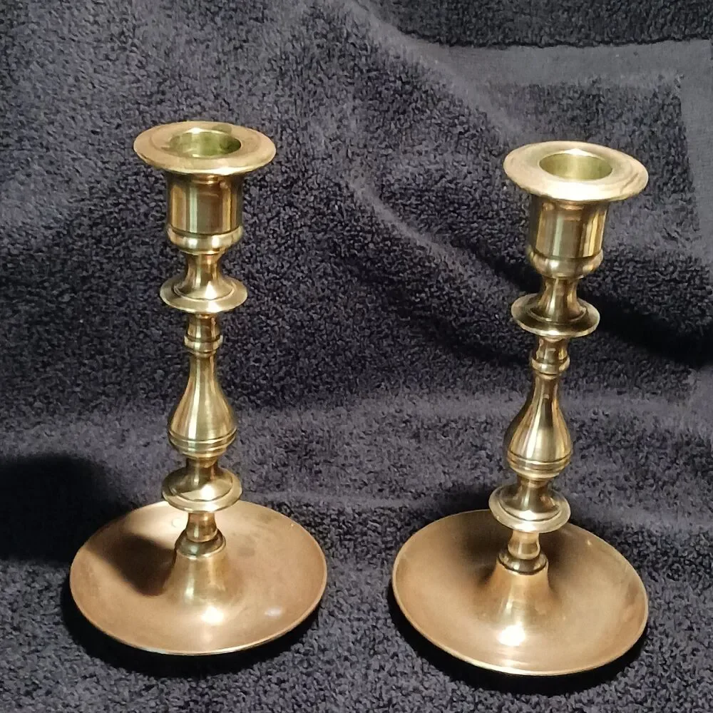 Brass 7 in. tall candlesticks Machine turned 1950-1970 with W makers mark